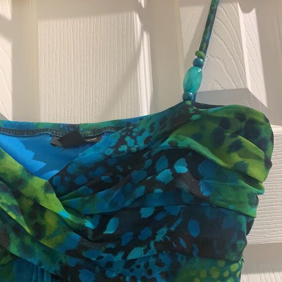 Blue Green Padded Animal Print Dress Glass Beads Large - Picture 5 of 8